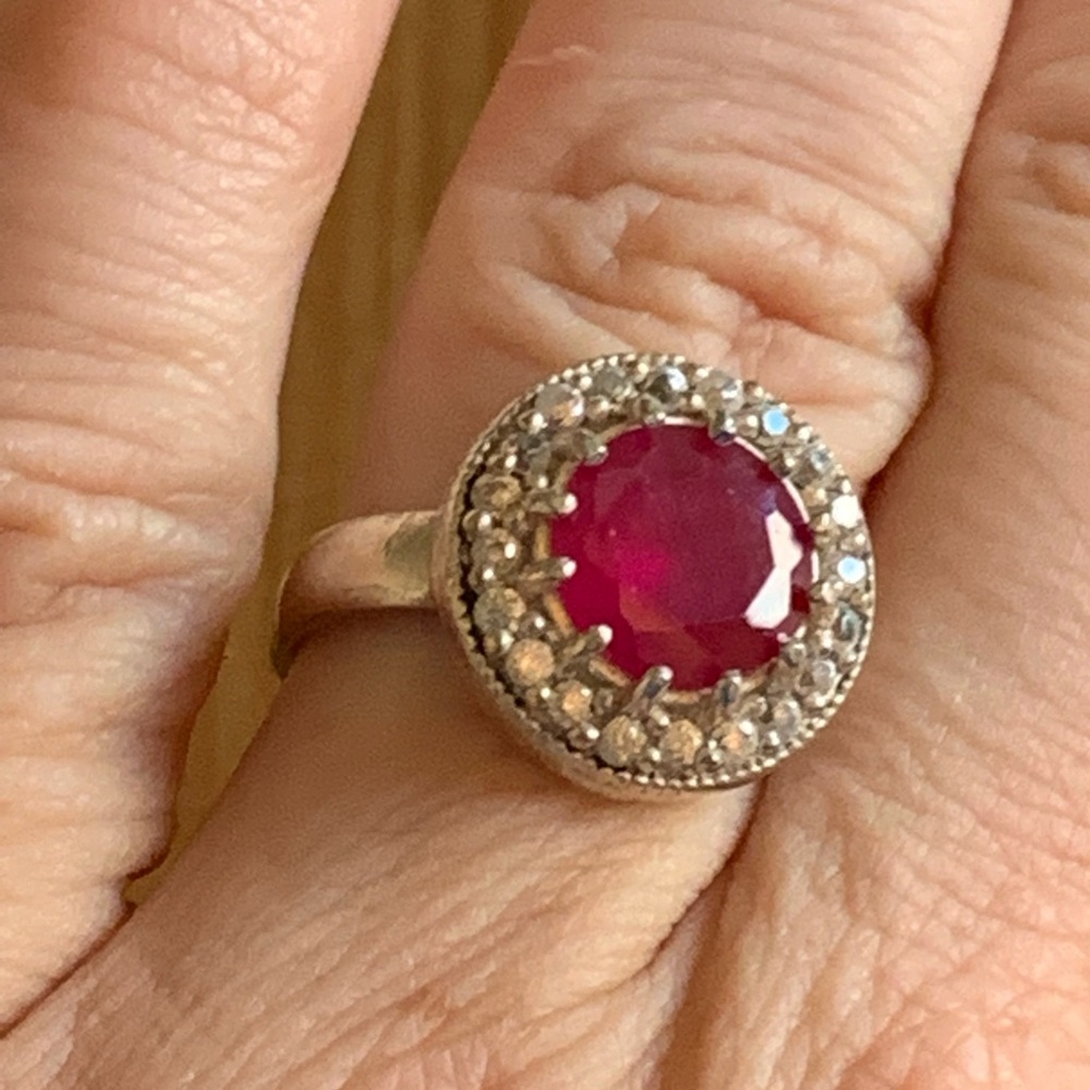Pigeon Blood Red Synthetic Ruby and CZ Ring in Silver Setting